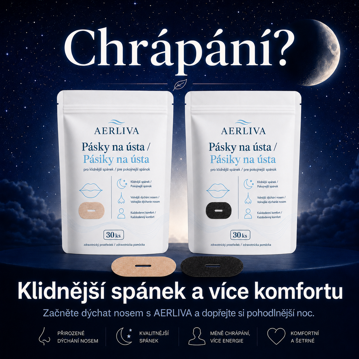 AERLIVA Pásky na ústa 30 ks – pro podporu dýchání nosem